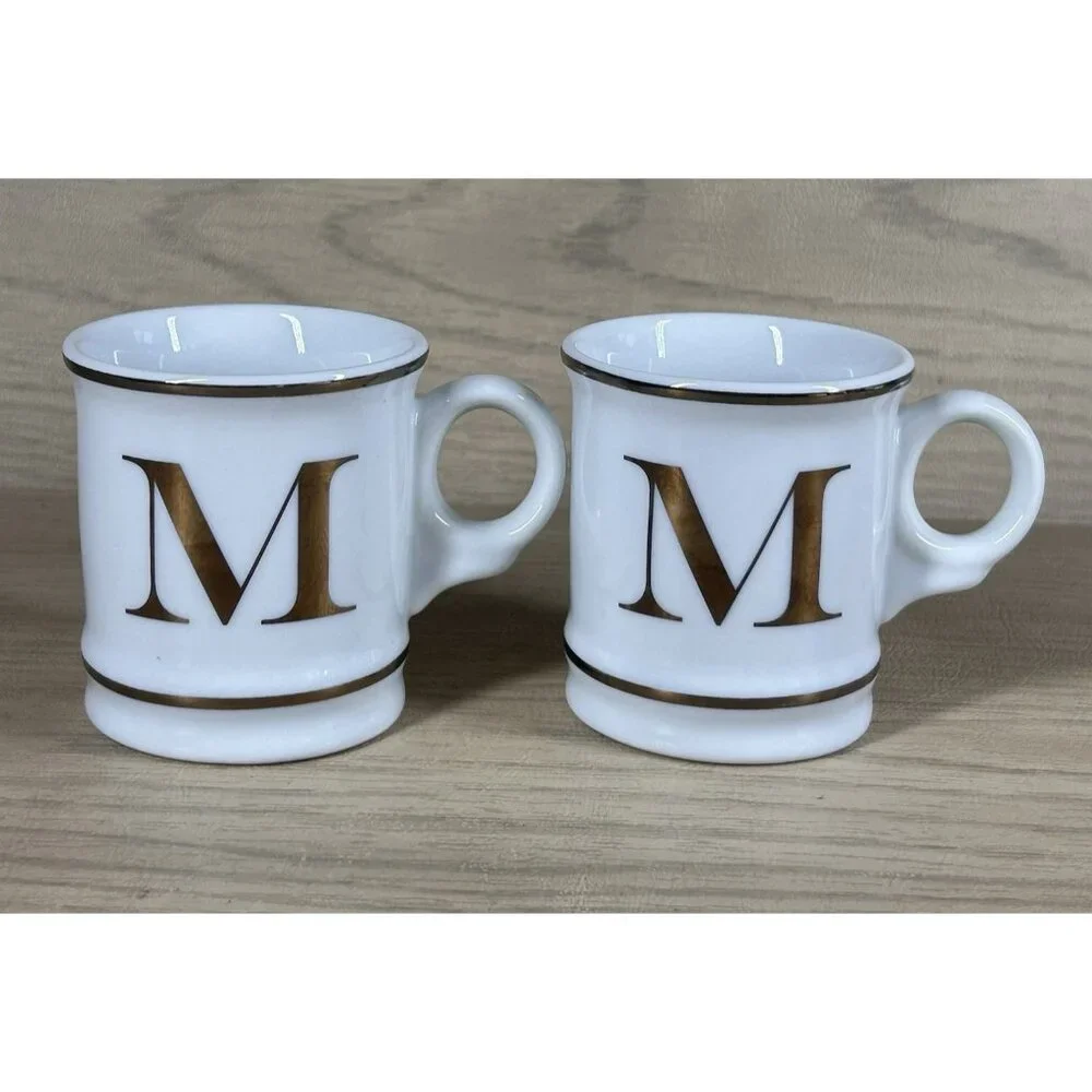 2 Williams Sonoma Gold Initial M Espresso Demitasse Coffee 3 oz Mug Cup Monogram